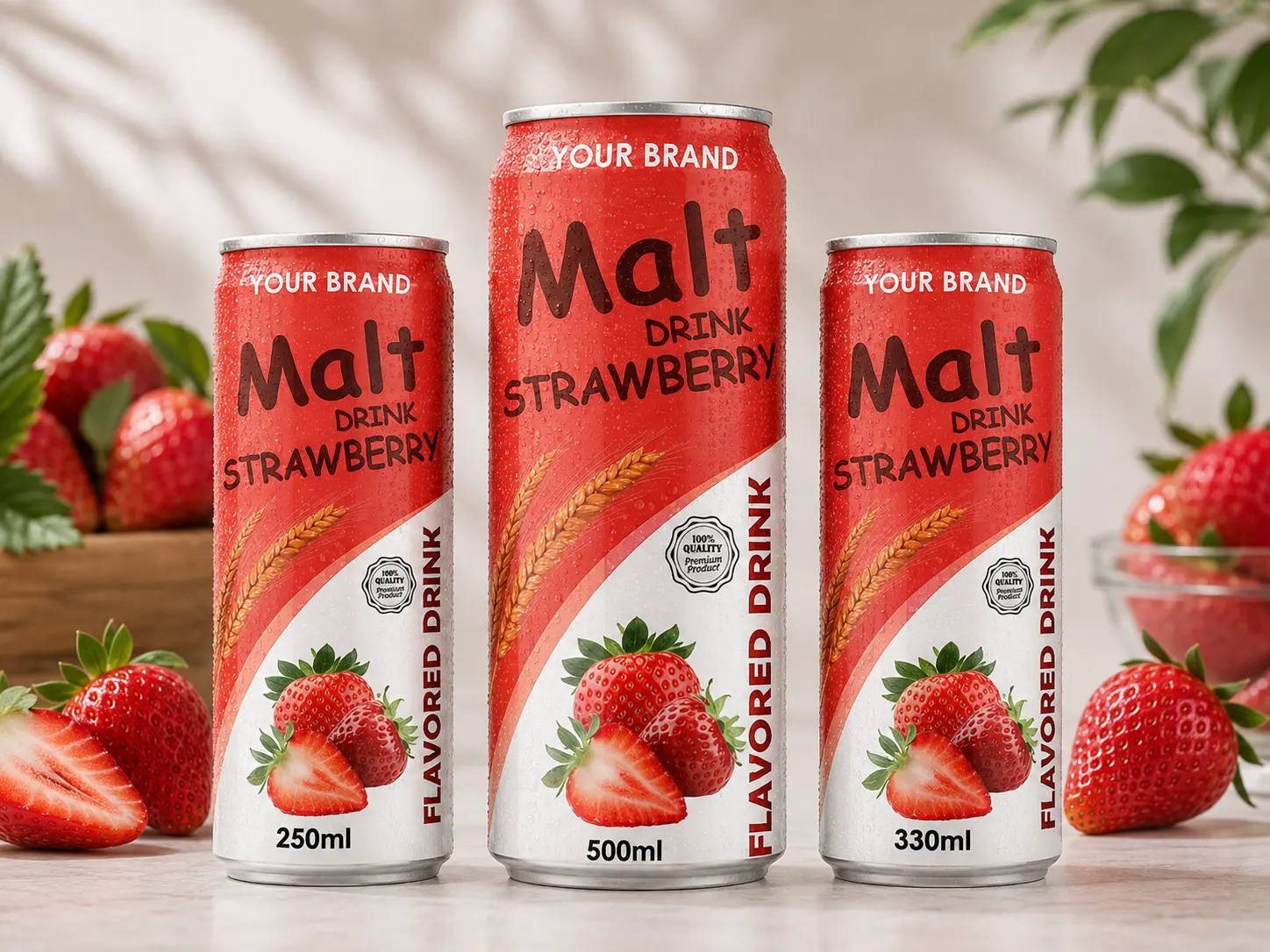 MALT DRINK Strawberry flavour in 250ml, 500ml, and 330ml cans.